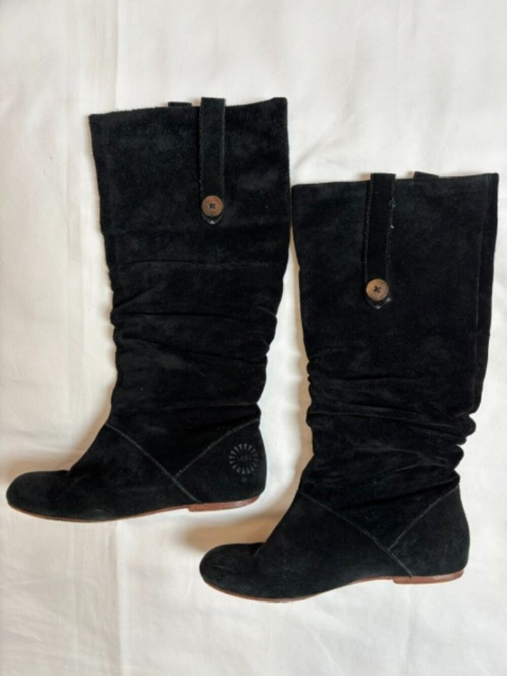 UGG Highkoo Black Suede Knee High Flat Slouch Boots Women's Size 7.5